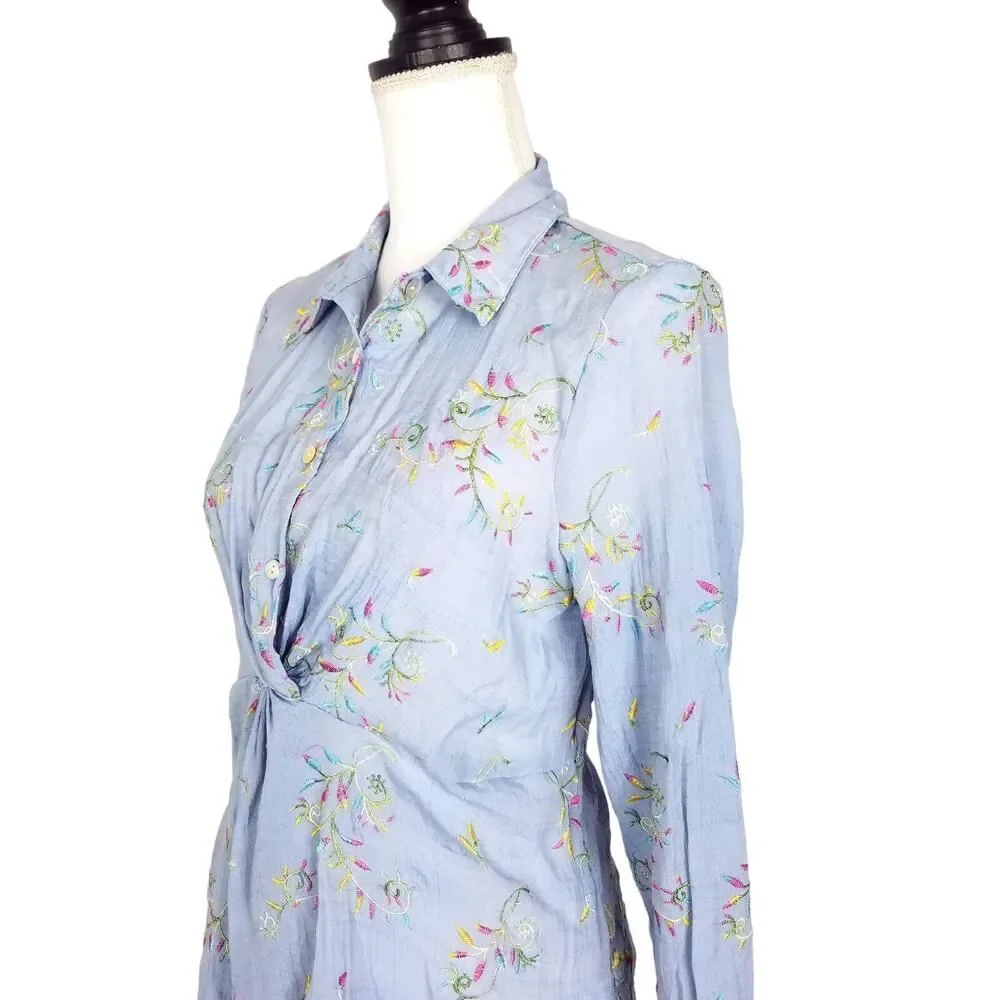 Hope Springs Floral Embroidery Twist Front Button Down Shirt Blue Size Medium - Picture 2 of 6